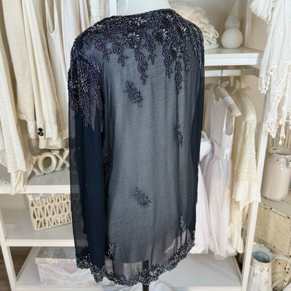 JMD New York Plus sz. 2X navy blue sheer beaded jacket mother of the bride #4164 - Picture 4 of 10